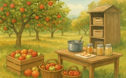 An autumn orchard scene showing apple crates, sliced fruit, and simple home preserving items for a community fall harvest theme.