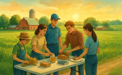 Illustration of a Kansas farm with multiple generations preparing 4-H project displays in a field setting