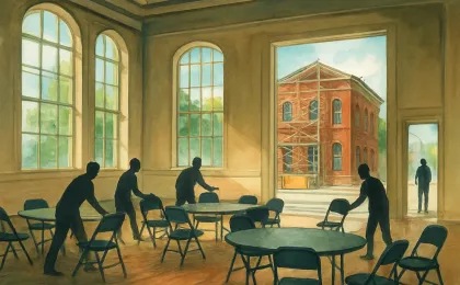 Illustration of a community event setup inside a historic hall, with subtle renovation elements suggesting improvements ahead.