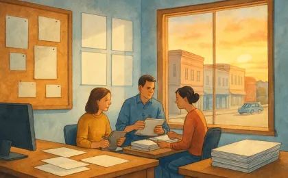 Illustration of a small-town team reviewing printed newspaper pages in an office overlooking a downtown street