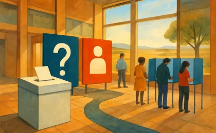 People voting in a civic building with a ballot box and visual pathways symbolizing limited versus broader primary choices.
