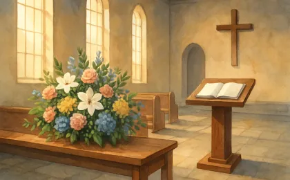 Quiet church memorial scene with flowers and a condolence book in soft morning light.