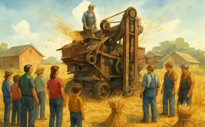 Visitors and volunteers watch an antique threshing machine operate in an open rural setting near wheat and chaff.