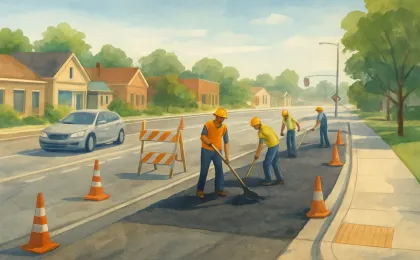City roadway with lane-shift construction, orange cones, and accessible sidewalks near an intersection