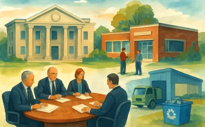 A county meeting scene with budget papers, community service icons, and a recycling area to represent local funding decisions.