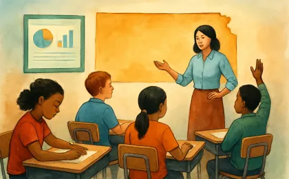 Kansas classroom illustration with students and a Kansas map outline in the background, representing school board election results.