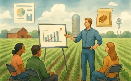 Farmers viewing an outdoor agricultural education setup beside a Kansas field with grain and cover-crop themes under a changing sky.