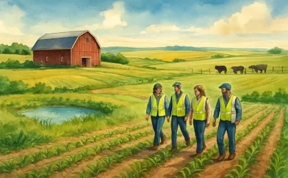 A rural prairie farm with a pond, cover-crop field plots, and cattle, with people walking through a field-learning demonstration.