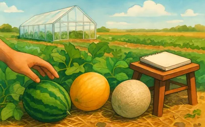 Ripe cantaloupe, watermelon, and honeydew on straw mulch in a sunny garden with a notebook nearby.