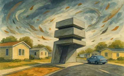 A stylized neighborhood scene showing modular layered concrete shelter structures protecting nearby homes during a severe storm.