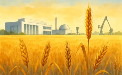Golden wheat field with research facility silhouettes, symbolizing a Kansas wheat breeding legacy