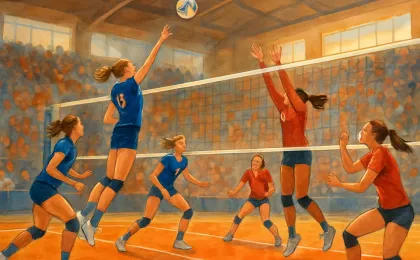 Illustration of a college volleyball match in a modern arena, showing players celebrating after a comeback win at the net.