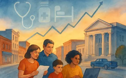 Kansas-themed illustration showing healthcare symbols and a rising cost graph with regulators reviewing health insurance proposals