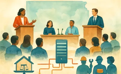 Illustration of a Kansas civic forum with microphones, housing and workforce symbols, and an energy/data center concept in the background.