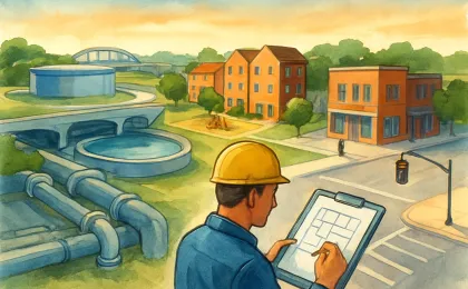 Illustration showing Kansas City infrastructure investment with water systems, housing, and an urban commercial district in the background.