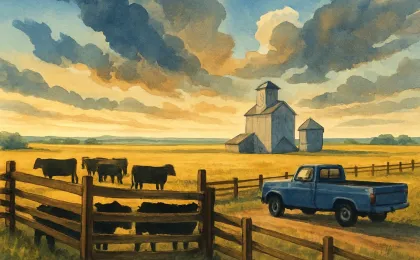Illustration of cattle in a prairie corral with a distant grain elevator under storm clouds.