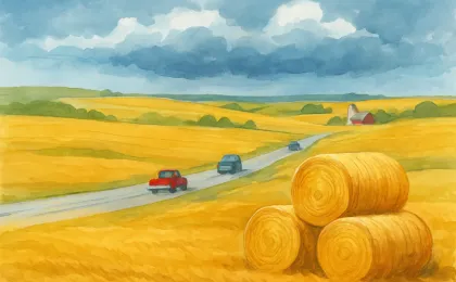 Kansas prairie hay bales with rural trucks and a sky suggesting possible rainfall
