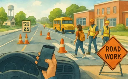 Driver using a hands-free device while passing a construction area and a reduced-speed school zone with pedestrians and workers present.