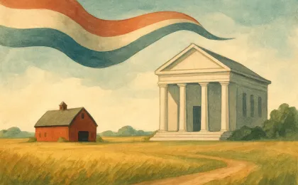 Symbolic illustration showing a rural Kansas landscape and a public-service legacy motif.