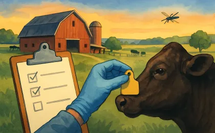 An illustration of livestock care and preparedness with a veterinarian-style inspection scene near rural fields, conveying research-backed monitoring and response.