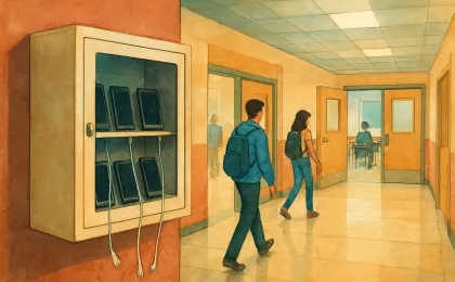 A quiet school hallway with personal devices secured in a storage cabinet and students preparing to enter class.