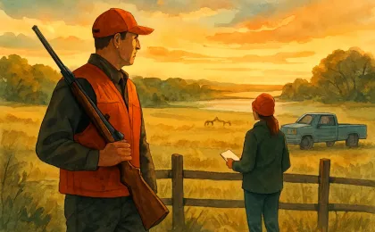 Illustration of hunters preparing outdoors near Kansas fields and woods, highlighting public and private land access for special hunts.
