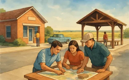 Community members planning a new tourism attraction on a Kansas main street with a visitor center and prairie backdrop