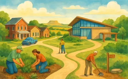 Illustration of a Kansas town trail and visitor area with community members improving a tourism attraction.