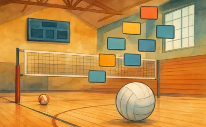 Illustration of a school gym with volleyball gear and floating ranking cards suggesting preseason high school volleyball updates
