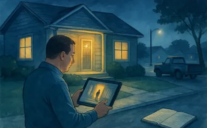 A nighttime Kansas neighborhood scene showing a homeowner reviewing doorbell camera footage after a reported break-in.