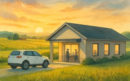A rural health clinic in Kansas with a community meeting in the doorway and fields outside at sunrise.