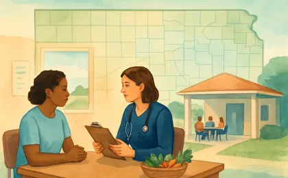 Community health worker meeting in a rural clinic with nutrition support elements in the background