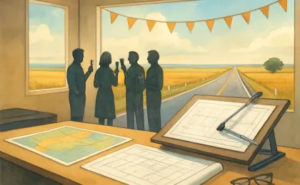 An illustration of an engineering office with maps and road design materials, overlooking a long Kansas roadway and a small retirement reception atmosphere.