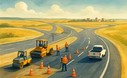 Generic illustration of road crews and intersecting streets representing Kansas transportation upgrades.