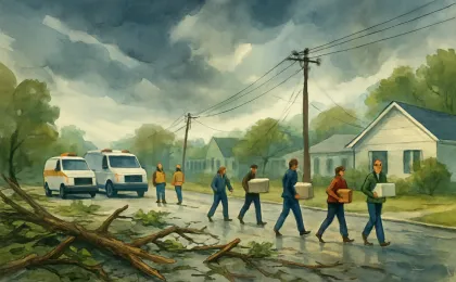 Illustration of a Kansas neighborhood recovering from a severe storm, with debris, utility damage, and responders helping residents.