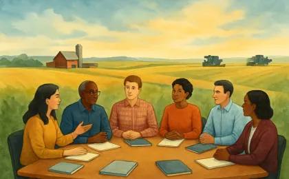 Illustration of rural Kansas community members collaborating on leadership development with farm scenery in the background.