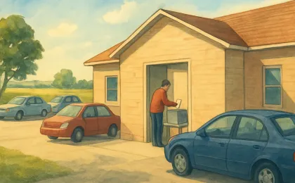 A rural Kansas polling place with people voting, shown without any text or identifiable branding