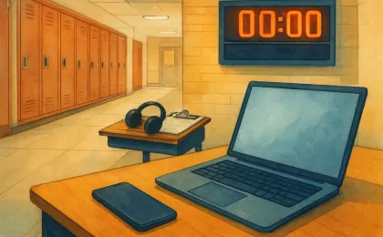 A high school hallway scene with lockers and sports-coverage tools, emphasizing phone-free school communications.
