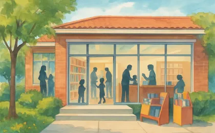 Illustration of a welcoming library entrance with visitors browsing and selecting books indoors during summer