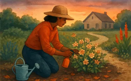 Illustration of a gardener watering hardy perennials in a Kansas backyard while dealing with small insect-like specks in the air.