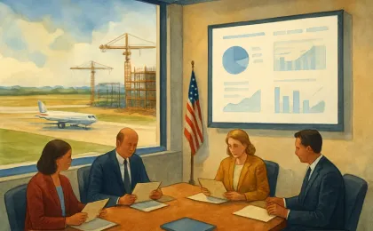 Illustration of city officials reviewing information while viewing an airport runway and construction cranes through a window