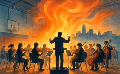 Illustration of an orchestra performing on a warmly lit stage with flowing abstract light shapes suggesting fantasy themes.