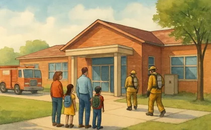 Students and staff outside an elementary school while firefighters investigate near a side utility area.