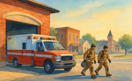 Illustration of firefighters preparing an emergency response vehicle in a Kansas city setting at sunrise.