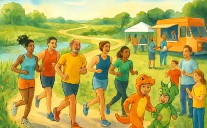 Illustration of a family-friendly community race with dinosaur-themed kid activities near a nature trail and festive post-race volunteers.