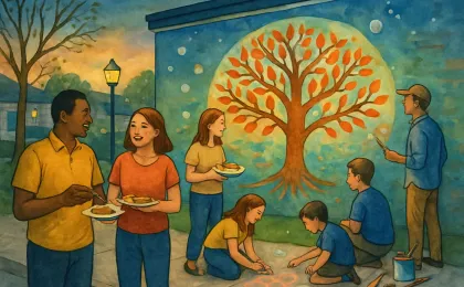 Illustration of a community mural celebration with families enjoying chalk art and bubbles near a painted tree mural.