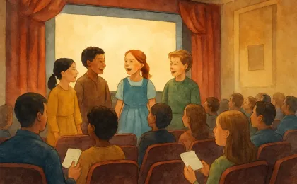 People gathered at a local theatre watching a glowing screen, with performers celebrating and a warm, arts-focused atmosphere.