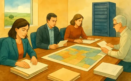 Illustration of county planners reviewing zoning and development papers around a map at a conference table