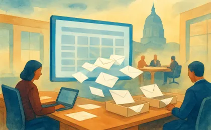 Illustration of lawmakers and a central computer dashboard being phased out during a state legislative meeting