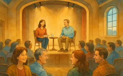Illustration of a friendly live audience event in an indoor community hall with stage lights and smiling attendees